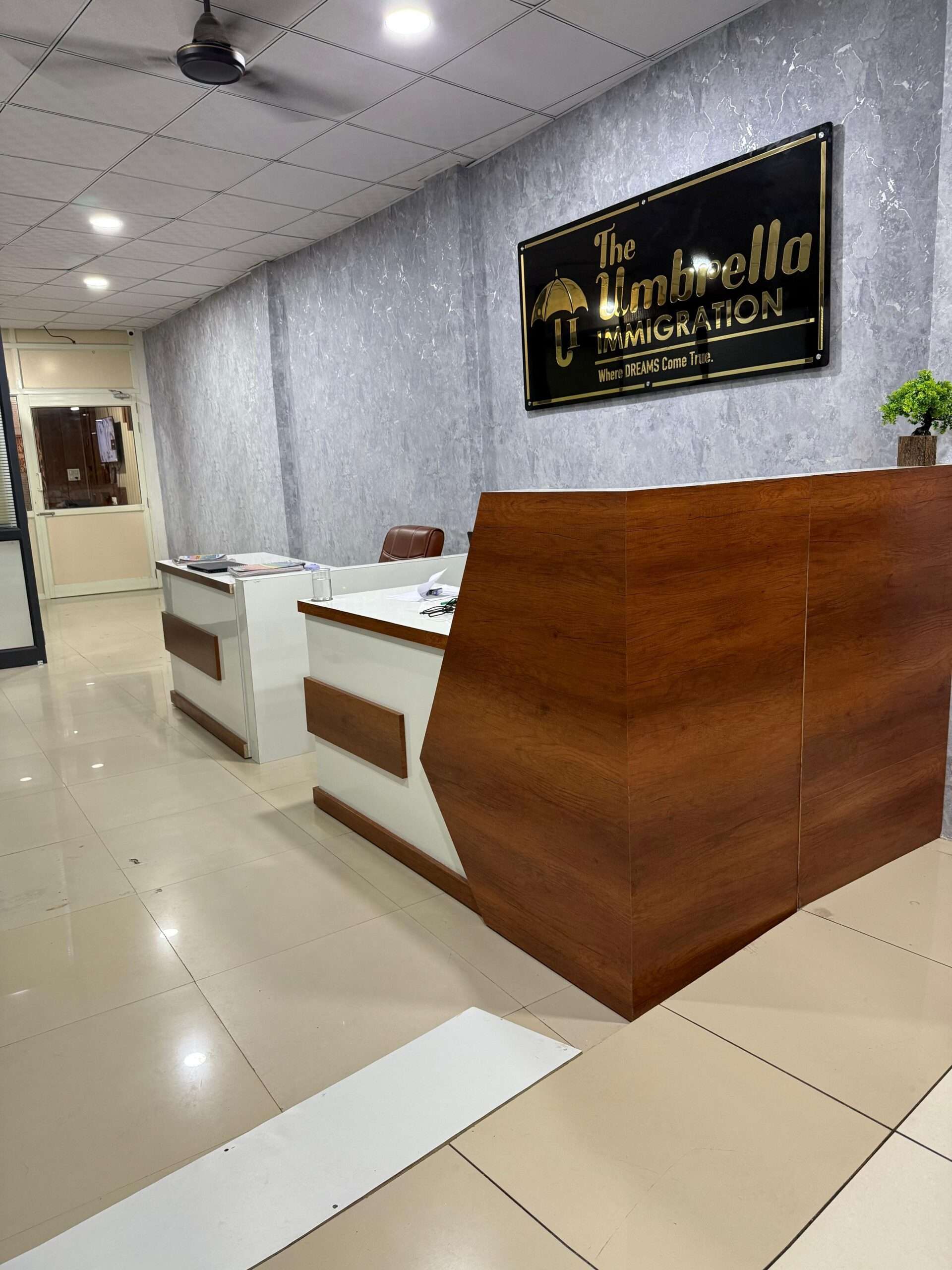 Reception area with professional desk and seating