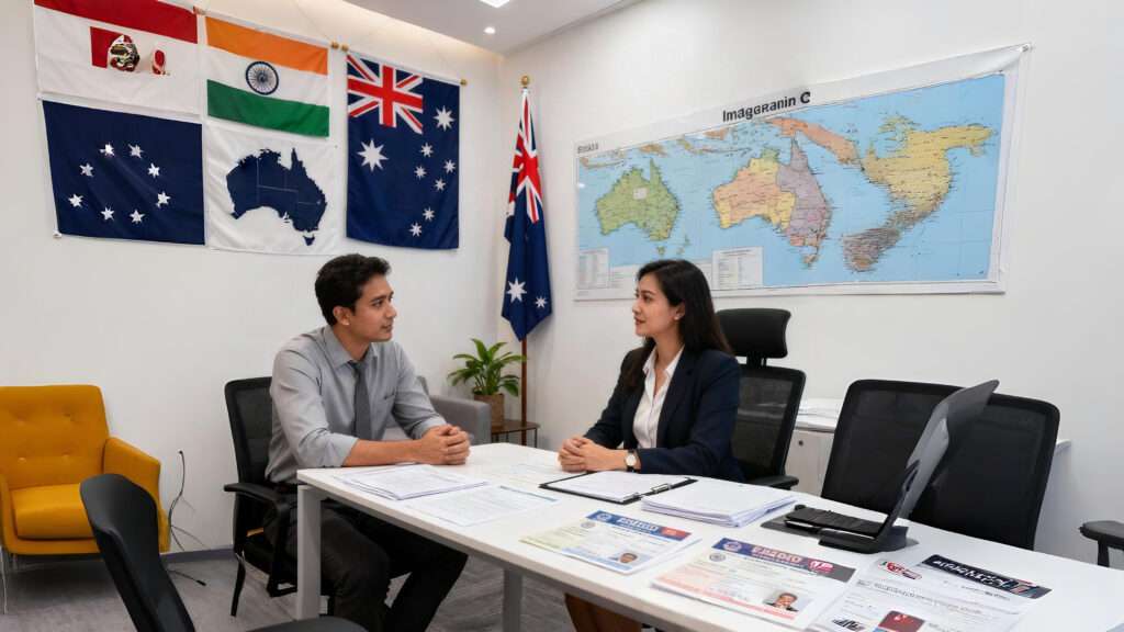 Australia immigration consultants India - Professional PR visa consultation office with Indian and Australian flags